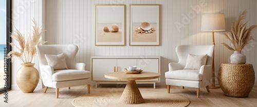 Coastal Living Room Interior Design with White Armchairs and Seashell Decor