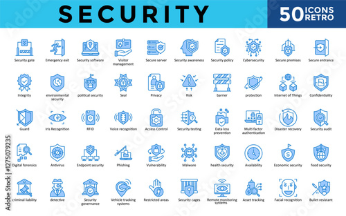 Security icons set with security gate, emergency exit, security software, visitor management, secure server, security awareness, security policy, cybersecurity icon. Simple retro vector 
