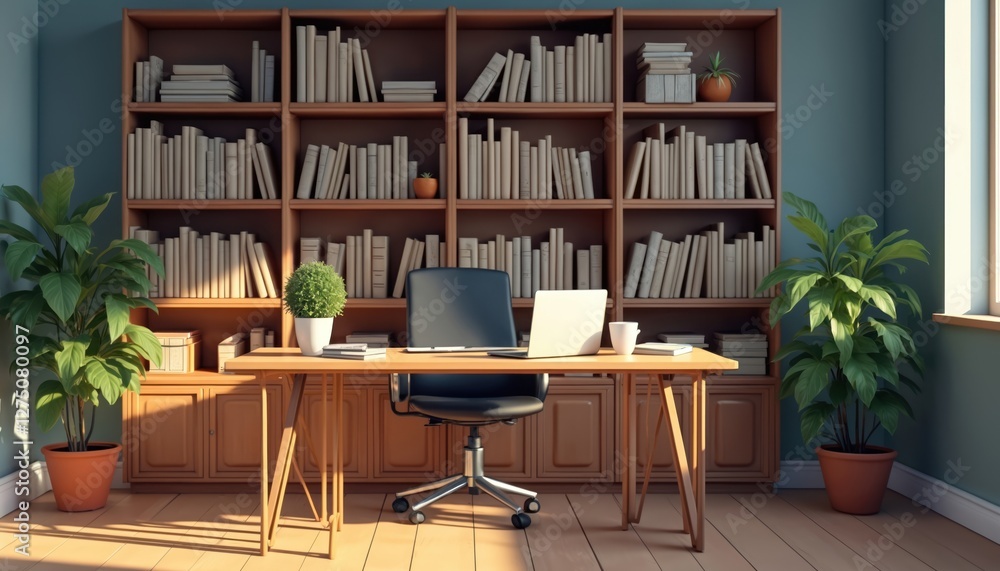 Illustration of office room for zoom virtual background. Bookcase interior with books, potted plants, wooden desk, laptop, cup, chair. Clean pro home workspace for remote work, telecommuting. Meeting Illustration of office room for zoom virtual background. Bookcase interior with books, potted plants, wooden desk, laptop, cup, chair. Clean pro home workspace for remote work, telecommuting. Meeting