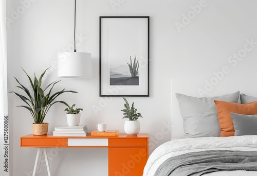 Modern Minimalist Bedroom Interior with Orange Side Table and Greenery