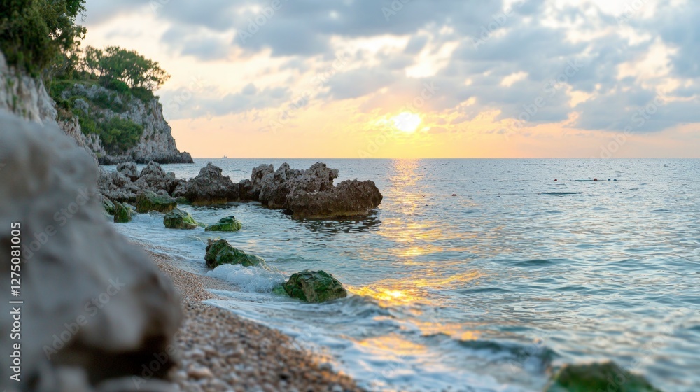 Obraz premium Seascape Sunrise Rocky Coastline Ocean Waves Golden Hour