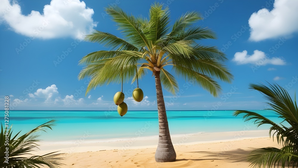 Obraz premium A towering palm tree with a slender trunk and feathery green leaves stands prominent on a sun-kissed tropical beach, its coconuts hanging high and ripe, surrounded by a few scattered palm fronds and a