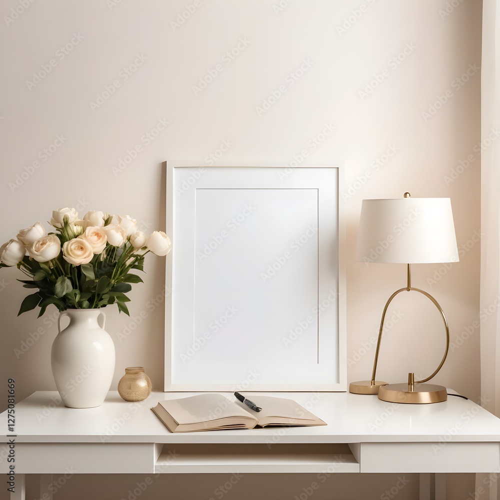 Fototapeta premium Elegant Home Office Desk Setup with Mockup Frame