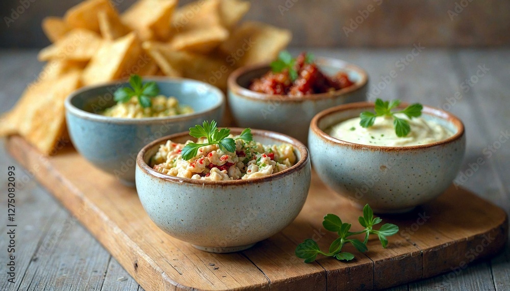 Small Bowls of Food on Wooden Board with Chips Small Bowls of Food on Wooden Board with Chips