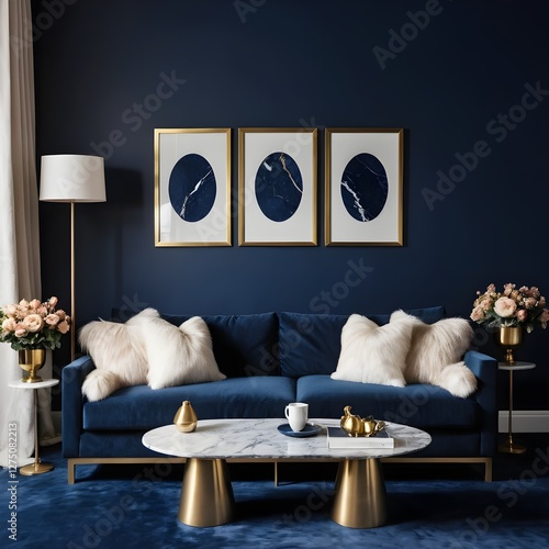 Modern Blue Velvet Living Room Interior with Gold Accents
