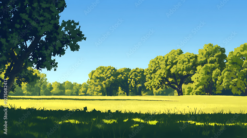 Fototapeta premium Lush green field with vibrant trees under a clear blue sky on a sunny day, perfect nature landscape with peaceful outdoor scenery.