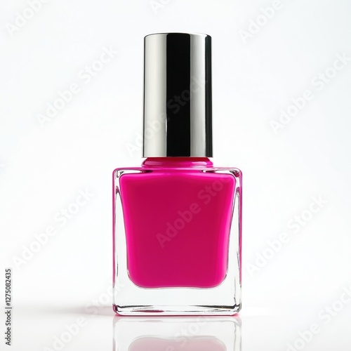 Bottle of glossy pink nail polish with silver cap on white background. Decorative cosmetics mockup for advertising banner, female beauty, manicure pedicure concept. Stylish colorful nailpolish