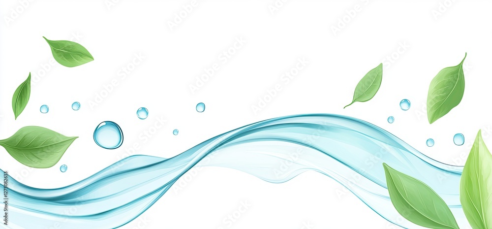 Abstract water waves with leaves and water droplets Abstract water waves with leaves and water droplets