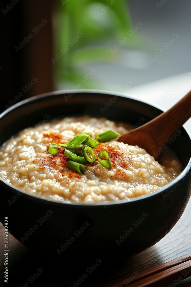 Porridge bowl with spoon on table for simple breakfast with green plants view Porridge bowl with spoon on table for simple breakfast with green plants view