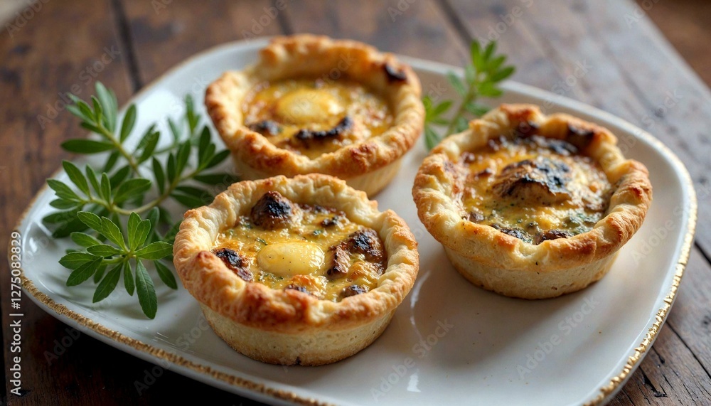 Three Mini Quiches with Thyme on Plate Three Mini Quiches with Thyme on Plate