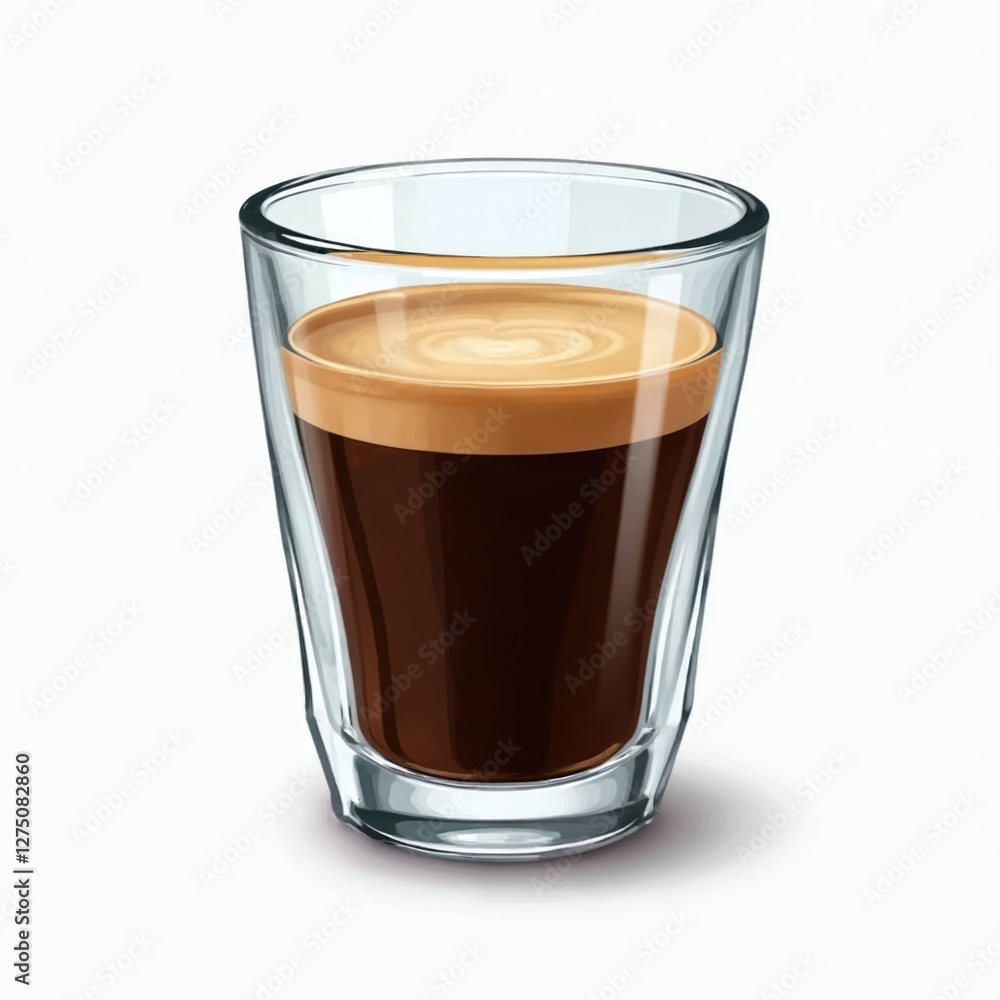 Illustration of glass cup with espresso coffee on transparent background. Close-up of hot dark brown beverage with foam. Tasty morning caffeine drink in clear mug. Illustration of glass cup with espresso coffee on transparent background. Close-up of hot dark brown beverage with foam. Tasty morning caffeine drink in clear mug.