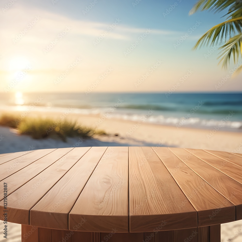 Wooden Table Top at Beach with Ocean View Wooden Table Top at Beach with Ocean View