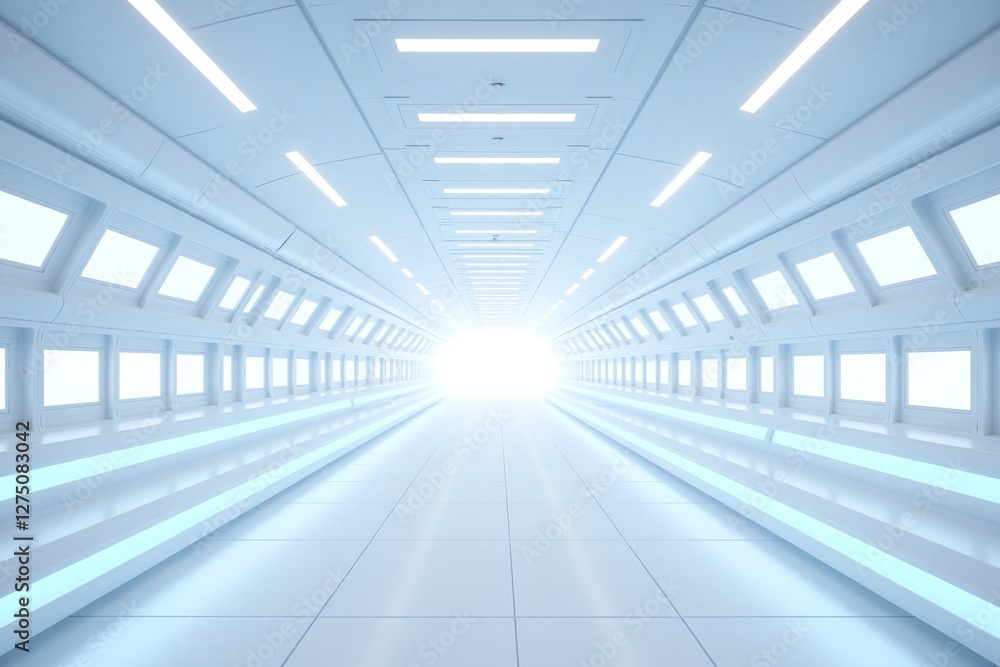 Fototapeta premium Long futuristic tunnel with white walls panels blue lights and windows