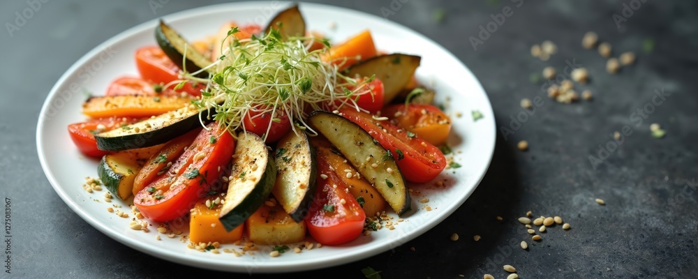 Birdseye view of vegan dish with grilled vegetables arranged in circle on white plate, topped with sprouts, seeds. Colorful composition of tomatoes, zucchini, bell pepper. Healthy vegetarian food Birdseye view of vegan dish with grilled vegetables arranged in circle on white plate, topped with sprouts, seeds. Colorful composition of tomatoes, zucchini, bell pepper. Healthy vegetarian food