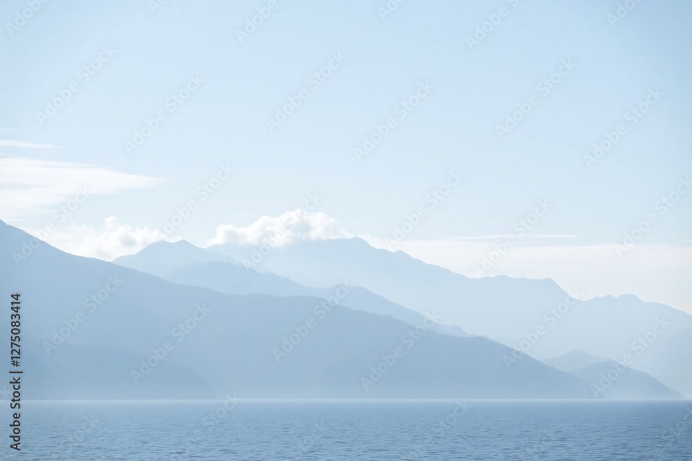 Landscape of mountain range in fog with calm water Landscape of mountain range in fog with calm water