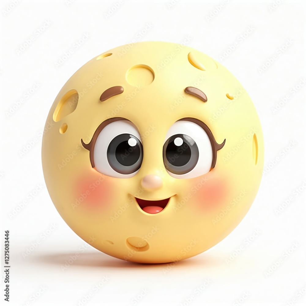 Fototapeta premium 3D illustration of cute moon with big eyes, rosy cheeks, smiling mouth. Cartoon lunar character design on white background. Sweet happy baby face with dimples and smile.