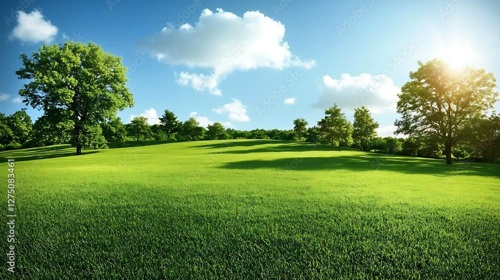 Obraz premium Lush green field with vibrant trees under a clear blue sky on a sunny day, perfect nature landscape with peaceful outdoor scenery.