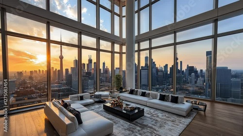 Toronto Skyline Sunset Luxury Penthouse Living Room