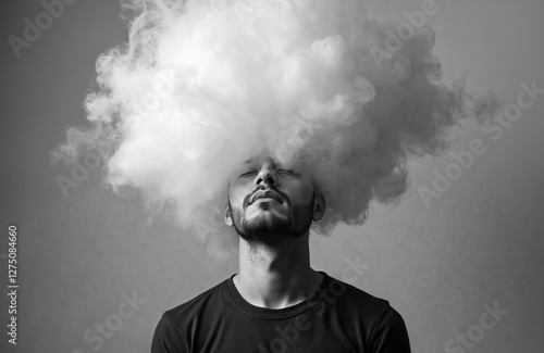 Wallpaper Mural Monochrome portrait of man with cloud instead of hair, eyes closed. Mental health, mindfulness concept. Problems with psychology, awareness, balance. Positive thinking, emotional wellbeing. Torontodigital.ca