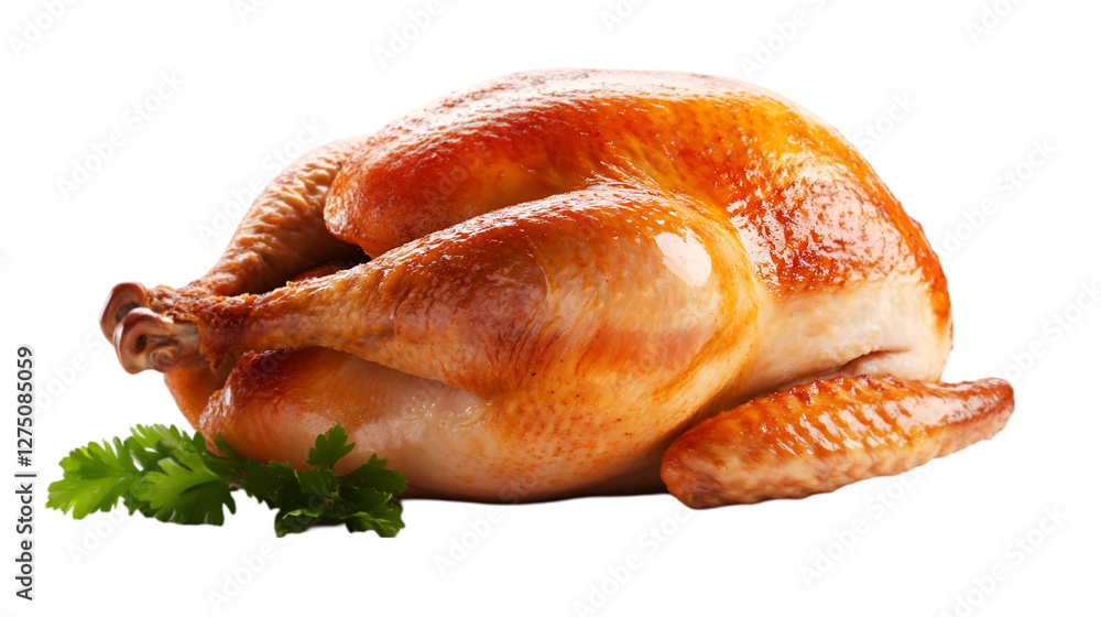 A beautifully roasted chicken garnished with fresh herbs, ready for a delightful meal. A beautifully roasted chicken garnished with fresh herbs, ready for a delightful meal.