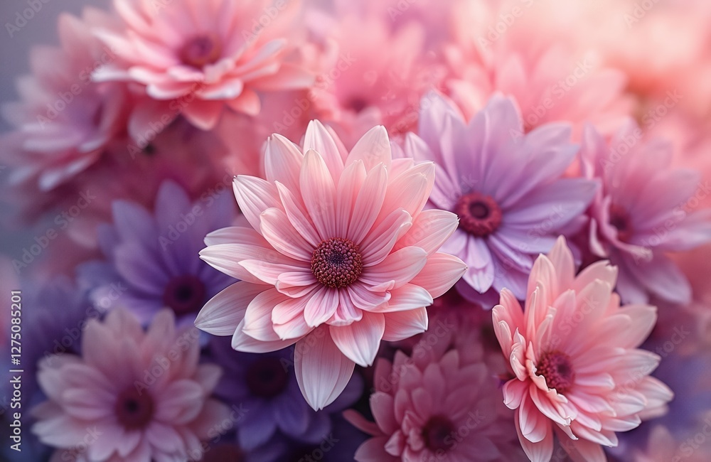 Obraz premium Floral petal background illustration with soft pink, purple dahlia, chrysanthemum flowers. Romantic nature themed wallpaper with abstract feminine design. Beauty of spring garden bloom in macro