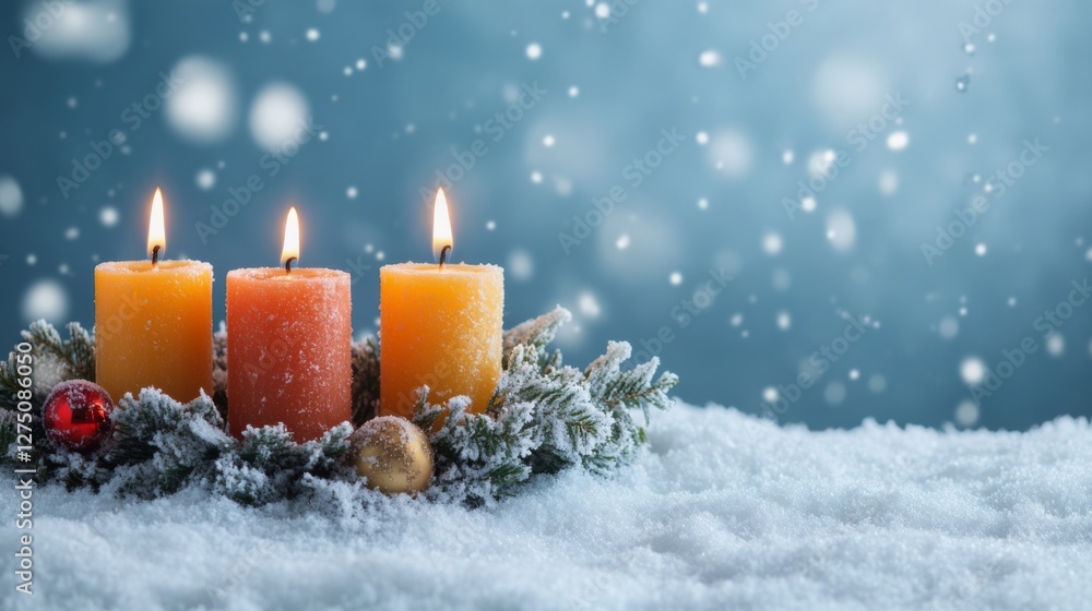 Three lit candles in snowy christmas wreath with falling snowflakes Three lit candles in snowy christmas wreath with falling snowflakes