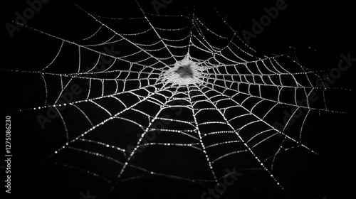Intricate spider web with silvery strands in the dark