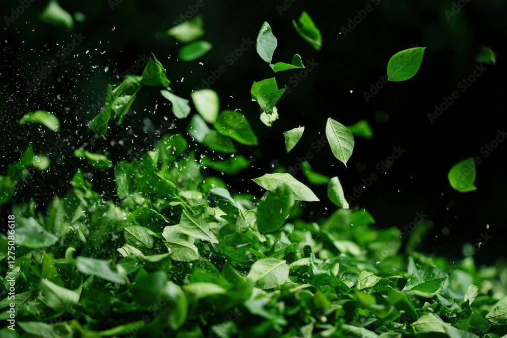 Flying green tea leaves on dark background for cooking, herbal remedies or wellness Flying green tea leaves on dark background for cooking, herbal remedies or wellness