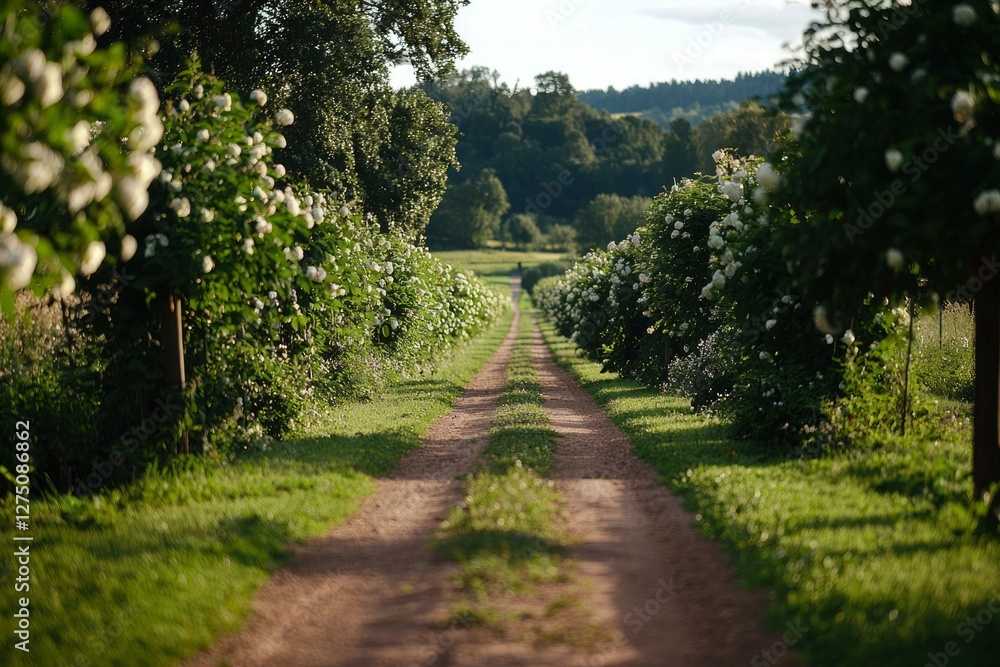 Path between roses, leading to trees, nature scene, for relaxation, meditation
