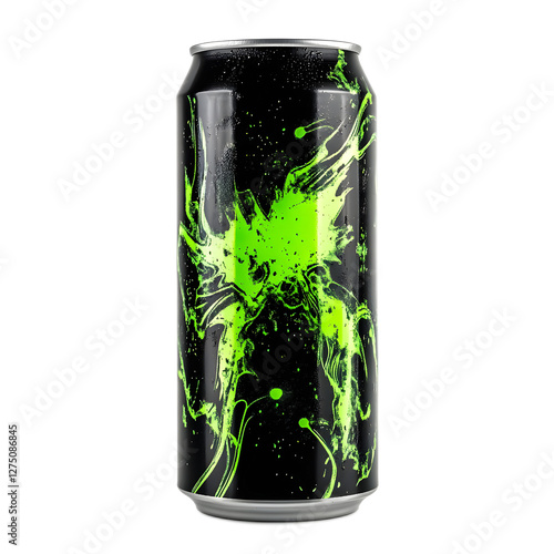 Vibrant Green Splash on Sleek Black Energy Drink Can with Dynamic Motion and Flair