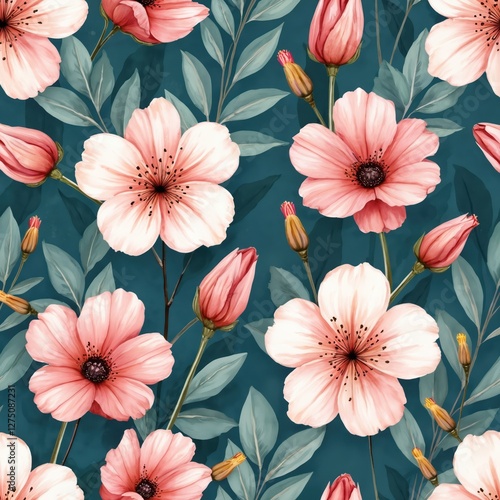 Wallpaper Mural Floral seamless watercolor illustration. Pink flowers, buds, leaves on dark turquoise background. Botanical pattern for wallpaper, fabric, textile, invitation, card, wrapping paper, scrapbooking, Torontodigital.ca