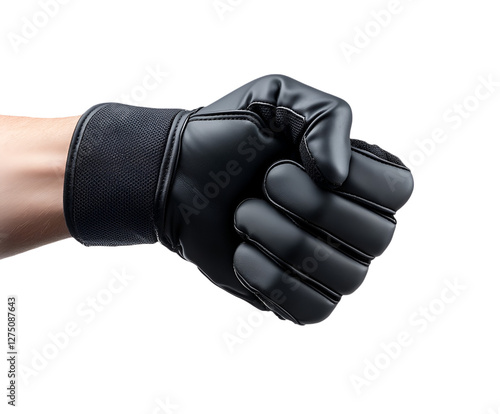 Close-up of a clenched fist wearing a black sports glove, symbolizing strength and readiness. photo