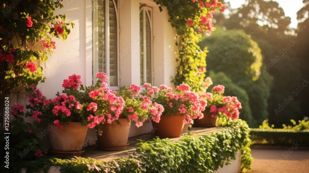 Fototapeta premium Sun-Kissed Cottage, Cascading Blooms and Verdant Charm in Warm Light