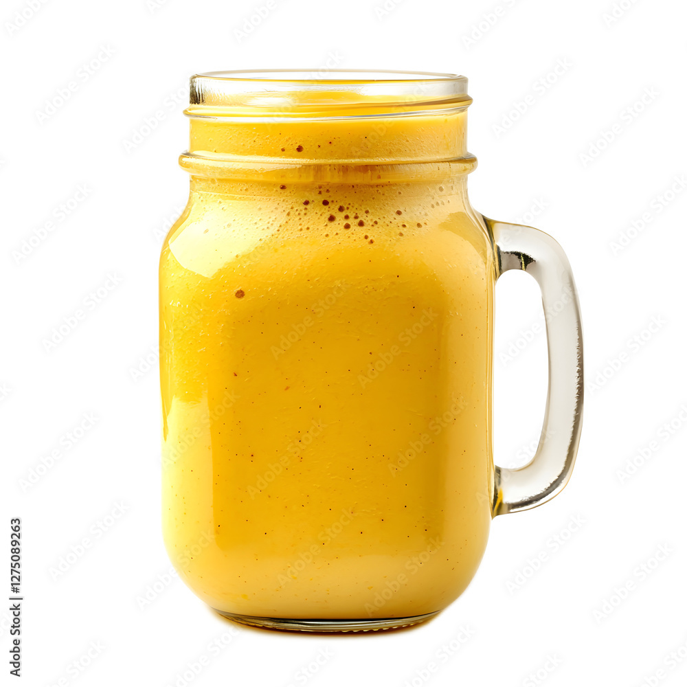Refreshing Mango Smoothie in a Transparent Mason Jar on a White Background Refreshing Mango Smoothie in a Transparent Mason Jar on a White Background