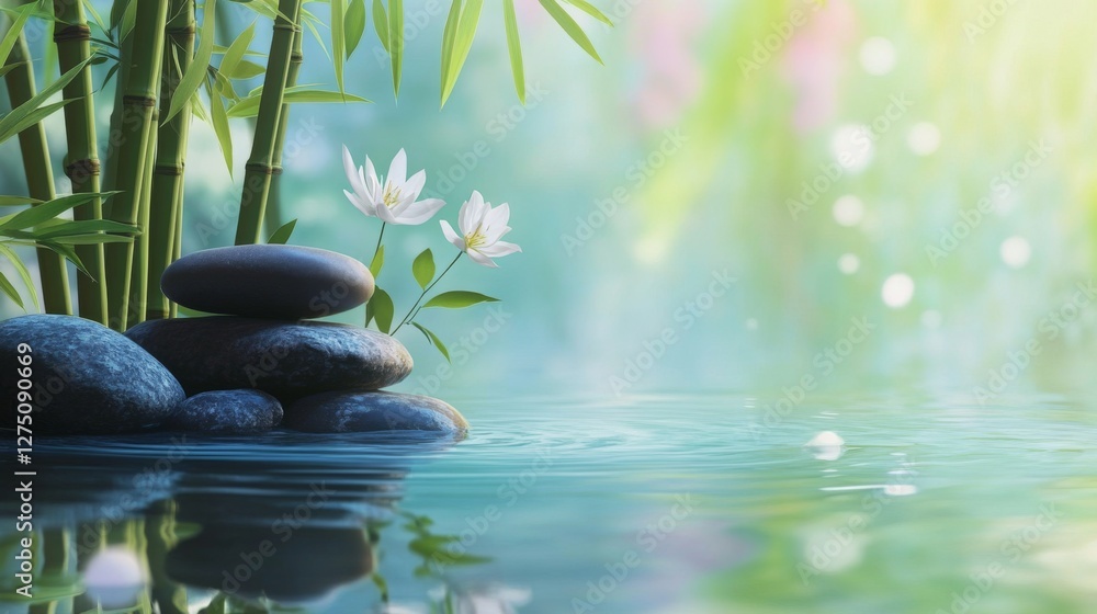 Naklejka premium Serene zen garden with water lily and bamboo rocks in tranquil morning light