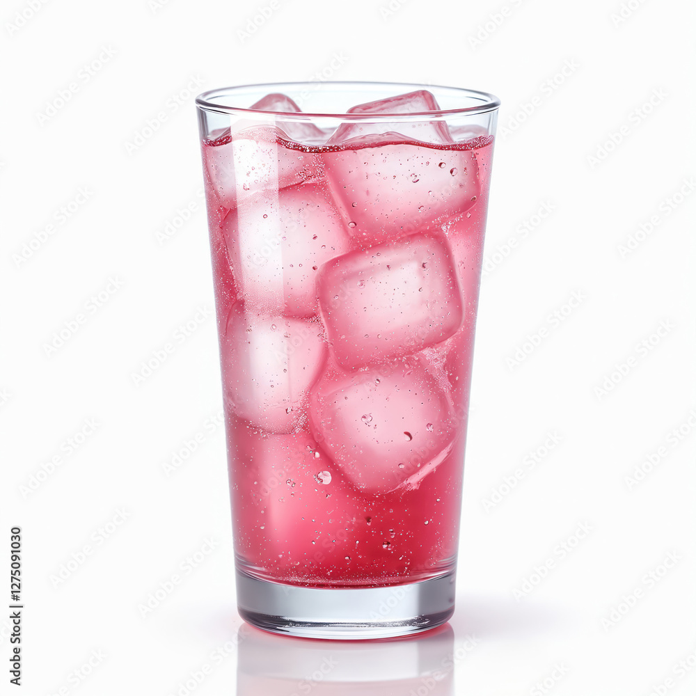 custom made wallpaper toronto digitalCold pink soda glass with ice cubes isolated on white background. Refreshing summer strawberry lemonade drink with bubbles, condensation for party. Transparent cocktail beverage full of fresh fruit