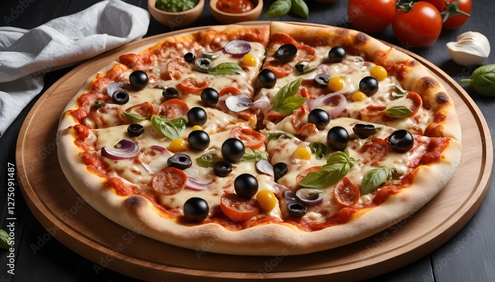 Delicious Pepperoni Pizza with Olives and Vegetables Delicious Pepperoni Pizza with Olives and Vegetables