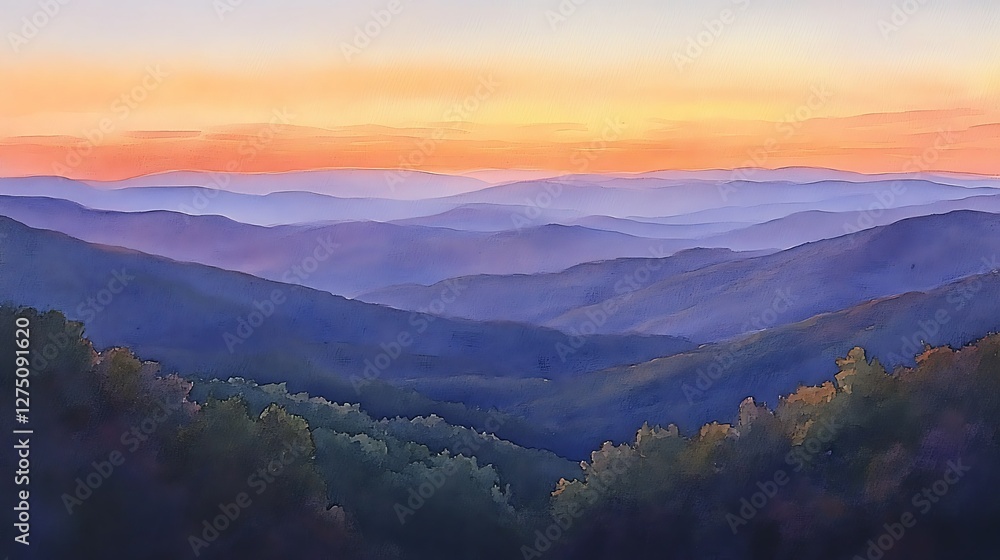 Obraz premium Appalachian Mountains Sunset Vista, Tranquil Landscape, Scenic View, Impressionistic Artwork