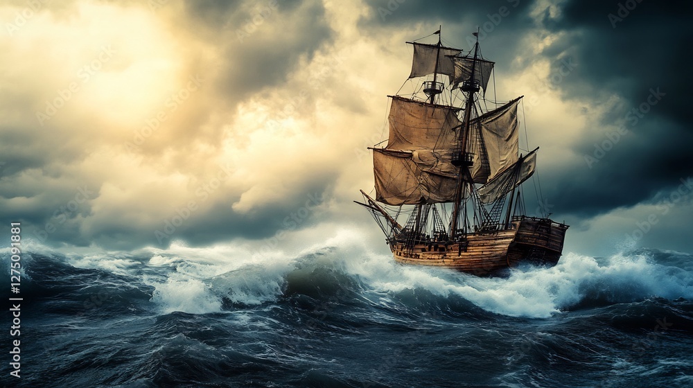 Fototapeta premium historic sailing ship in rough ocean waves