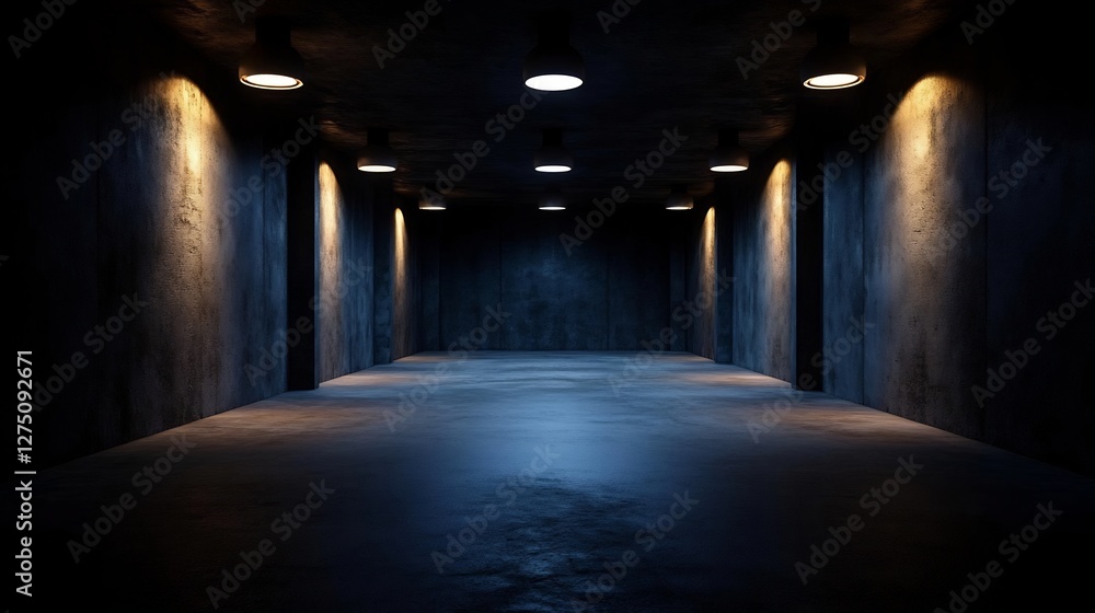 Fototapeta premium Dark Empty Concrete Room With Minimalist Design And Artificial Lighting