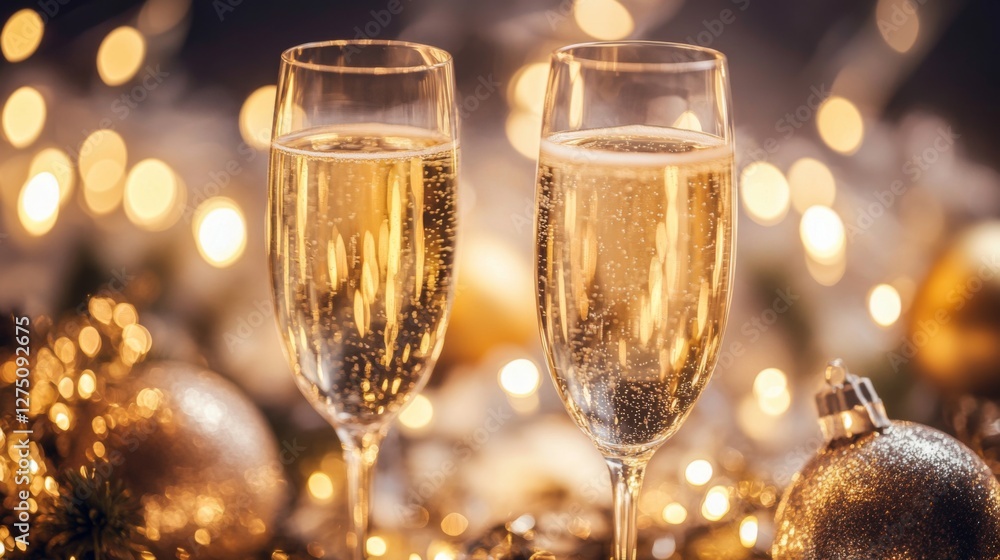 Two champagne glasses with bokeh lights and holiday ornaments Two champagne glasses with bokeh lights and holiday ornaments