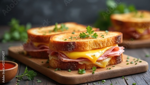 Hot croque monsieur, french grilled cheese sandwich with ham served on wooden board. Tasty fast food snack with melted cheese. Lunch idea for cafes or bistro. Popular baked breakfast.