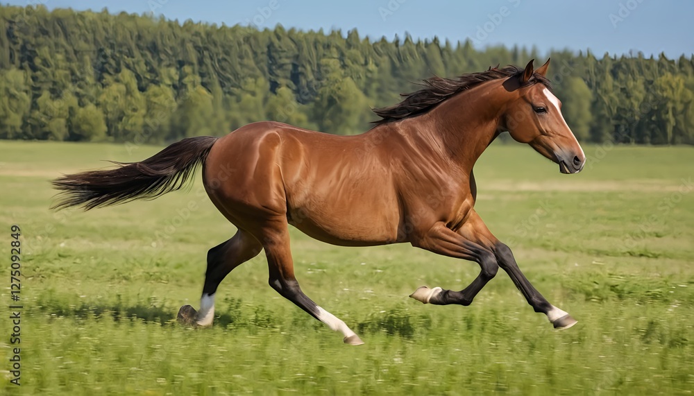 Fototapeta premium Chestnut Horse Galloping in a Green Field