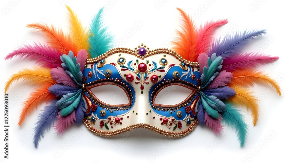 A 3D render of a horizontal image of a colourful carnival mask. The mask is decorated with feathers, beads, and other ornate designs in white background A 3D render of a horizontal image of a colourful carnival mask. The mask is decorated with feathers, beads, and other ornate designs in white background