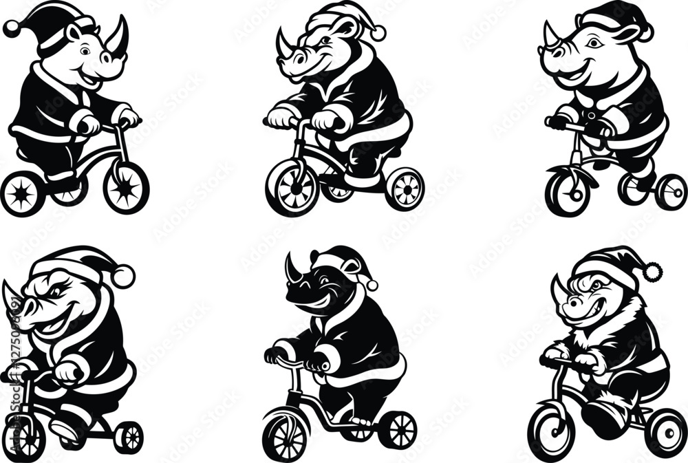 Funny Rhino is riding a tricycle silhouette vector illustration set, rhino is riding a tricycle black line art vector design Funny Rhino is riding a tricycle silhouette vector illustration set, rhino is riding a tricycle black line art vector design