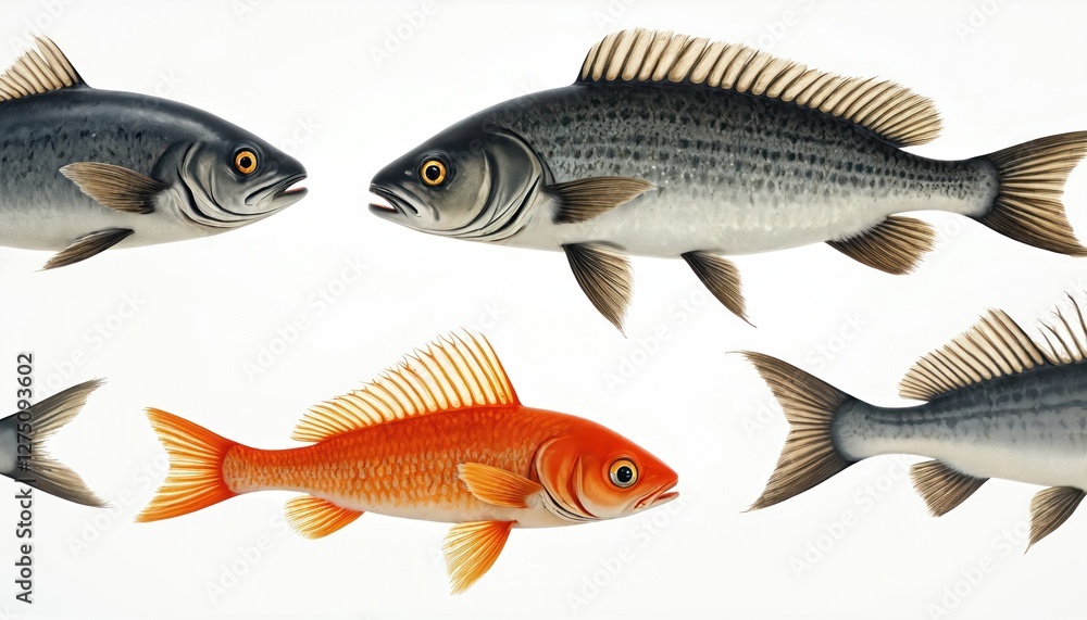 Fototapeta premium Image showcases different fish species, like goldfish and carp on a clean white background. Focus on marine biodiversity, aquatic life and underwater world, fish market, cuisine, fishing industry.