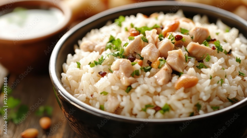 Close-up of a delicious serving of chicken rice with perfectly steamed rice, juicy chicken, and a small bowl of soup on the side. Close-up of a delicious serving of chicken rice with perfectly steamed rice, juicy chicken, and a small bowl of soup on the side.