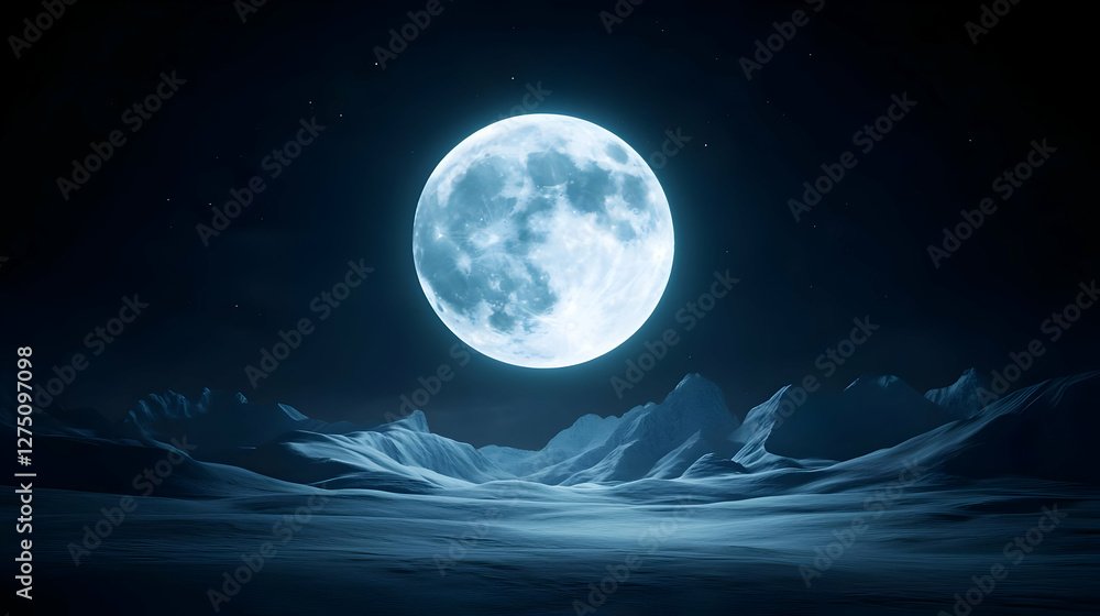 Fototapeta premium A breathtaking view of a luminous full moon illuminating a serene, icy landscape under a starry night sky.
