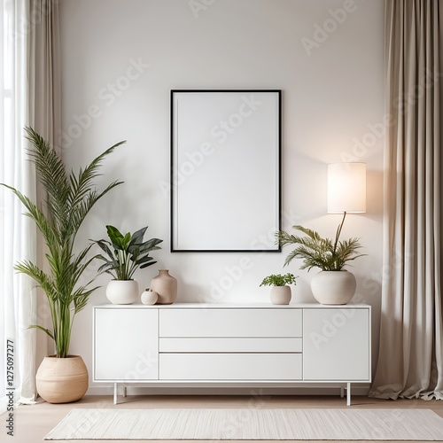 Modern Minimalist Living Room Interior with White Cabinet and Plants
