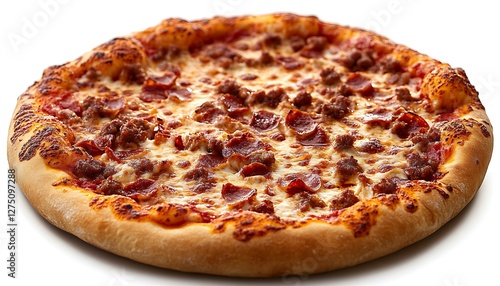 Freshly baked pepperoni and meat pizza, studio shot photo